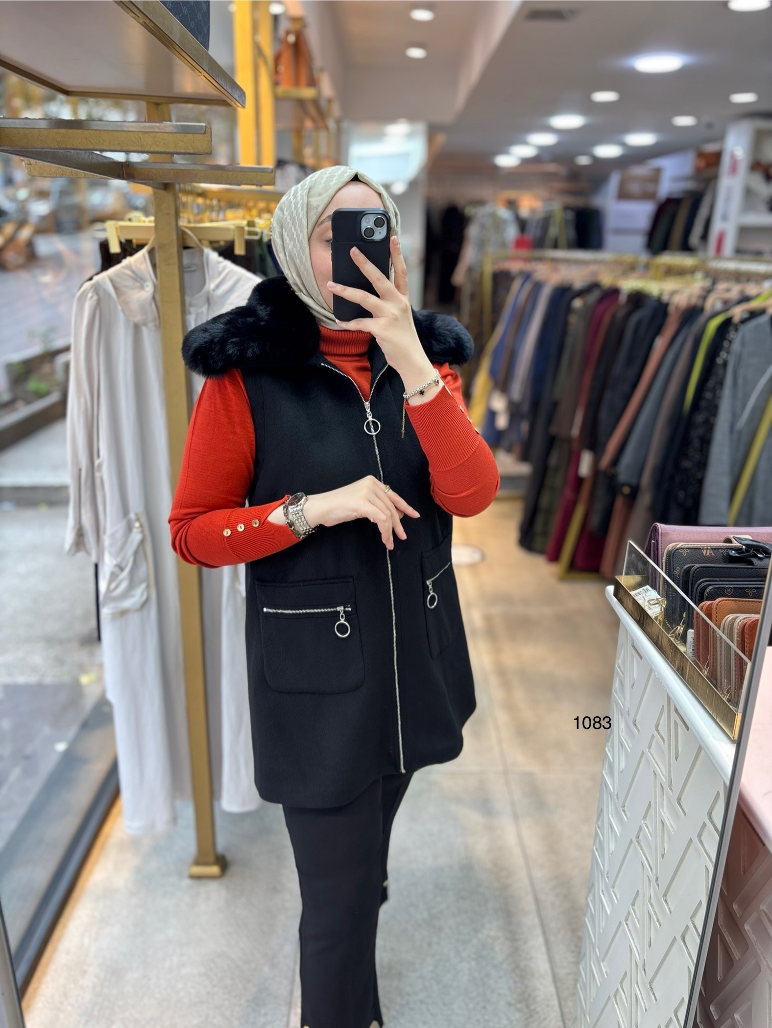 1083 Kürk Detaylı Kaşe Yelek - Görsel 9