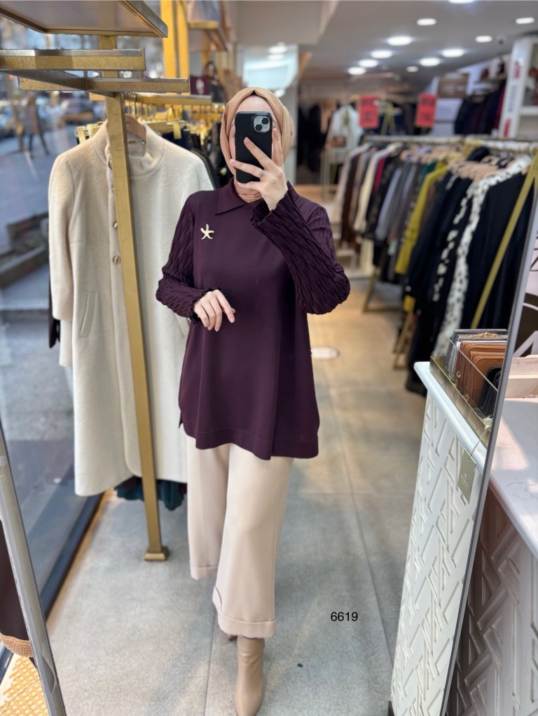 6619 Gömlek Yaka Broş Detaylı Merserize Tunik