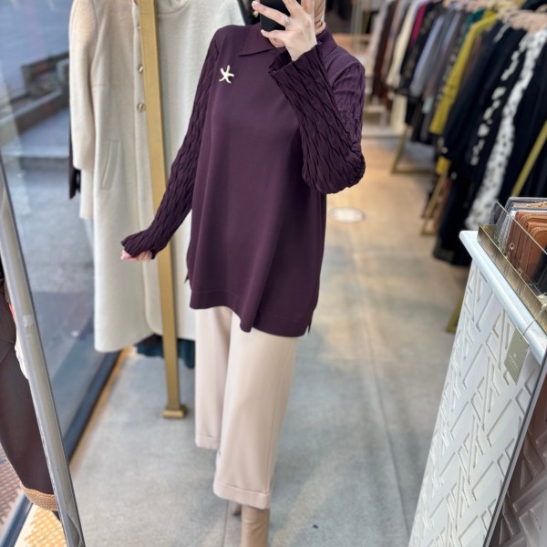 6619 Gömlek Yaka Broş Detaylı Merserize Tunik - Görsel 15