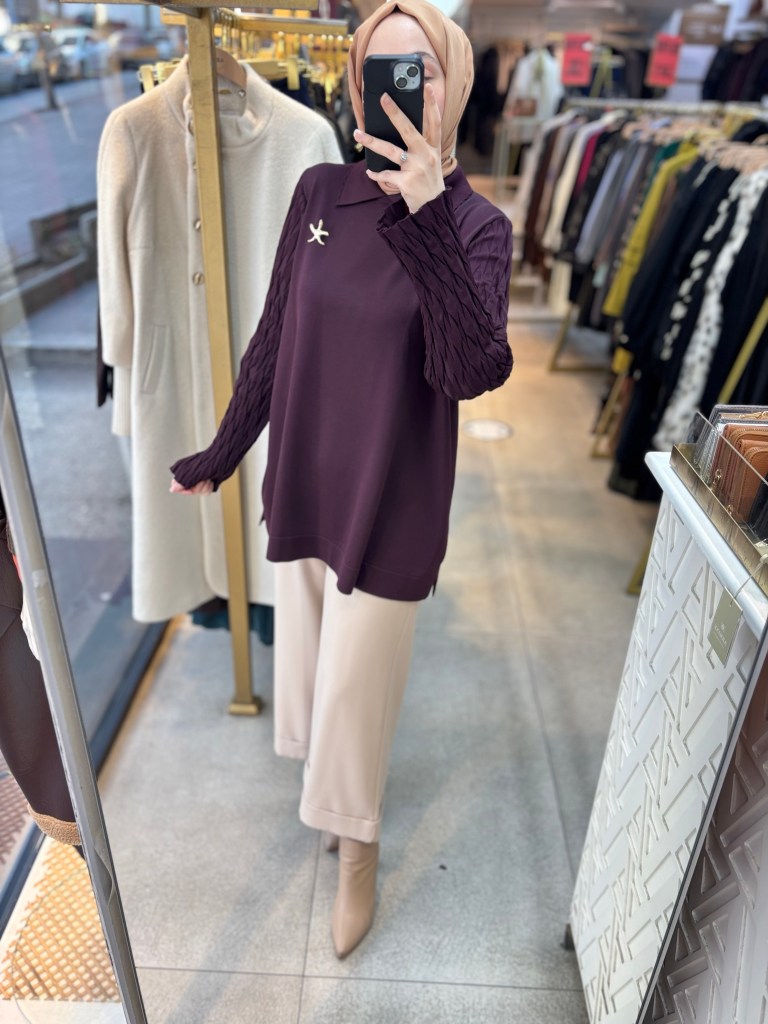 6619 Gömlek Yaka Broş Detaylı Merserize Tunik