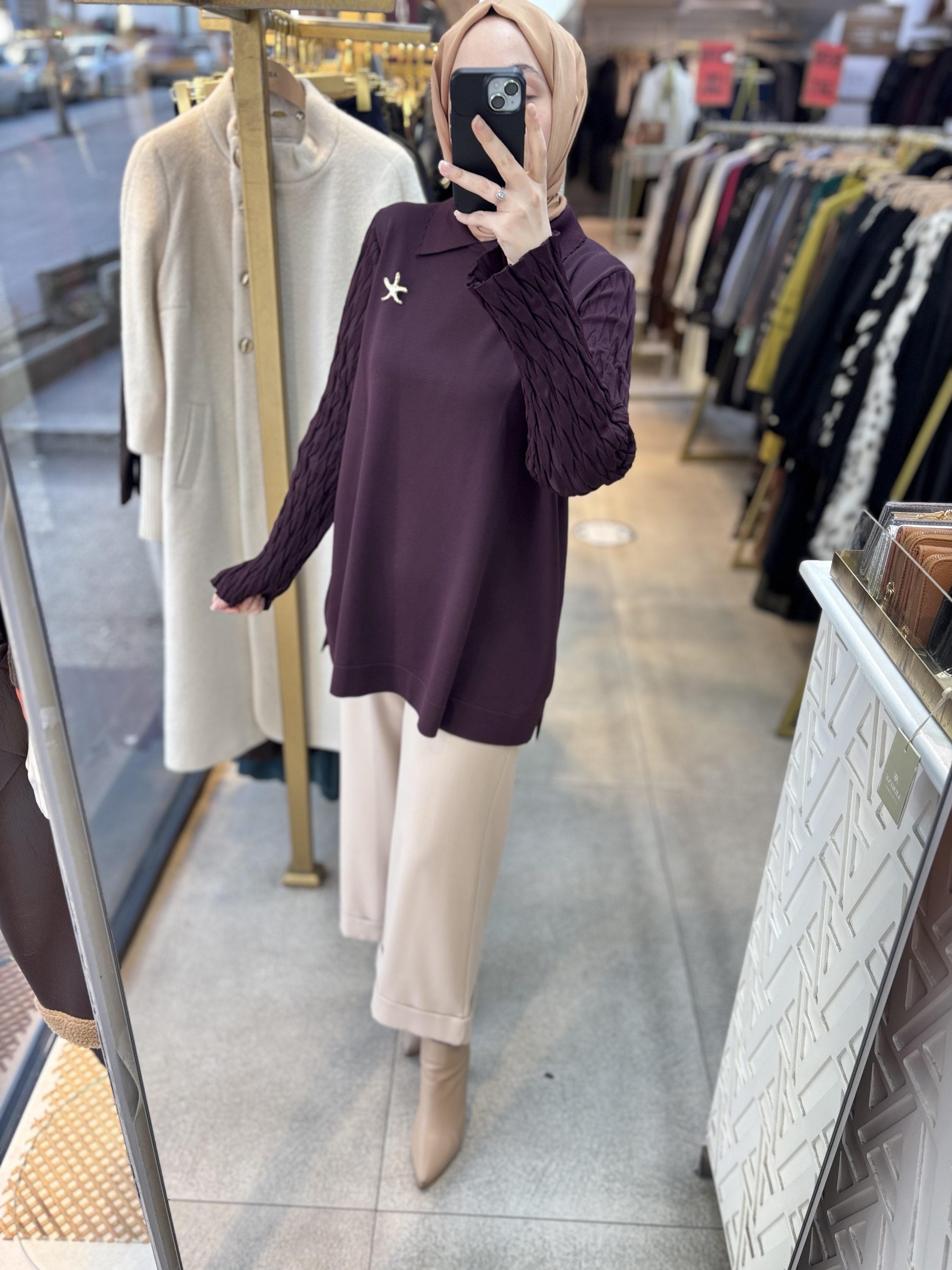 6619 Gömlek Yaka Broş Detaylı Merserize Tunik - Görsel 15