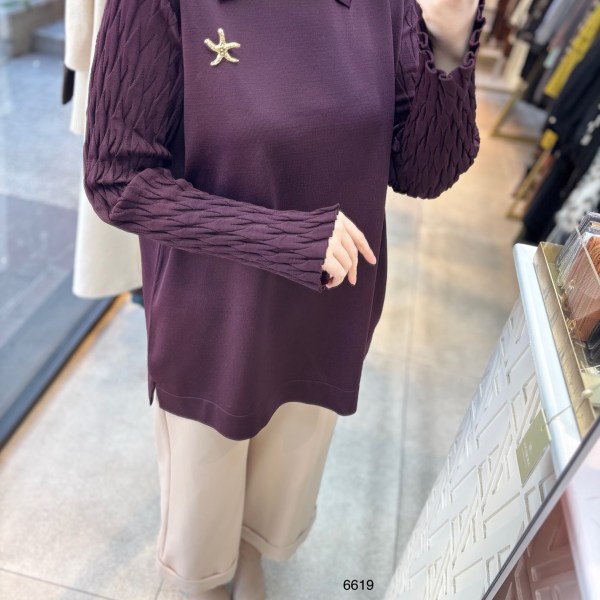 6619 Gömlek Yaka Broş Detaylı Merserize Tunik - Görsel 4