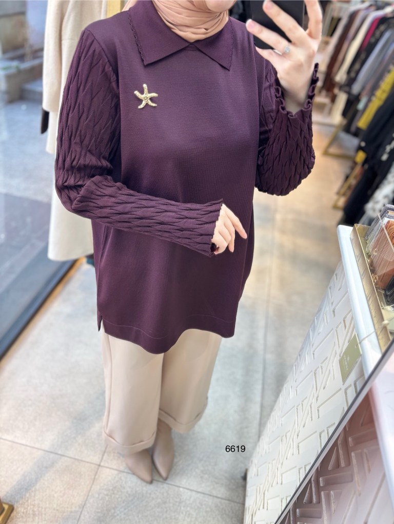 6619 Gömlek Yaka Broş Detaylı Merserize Tunik