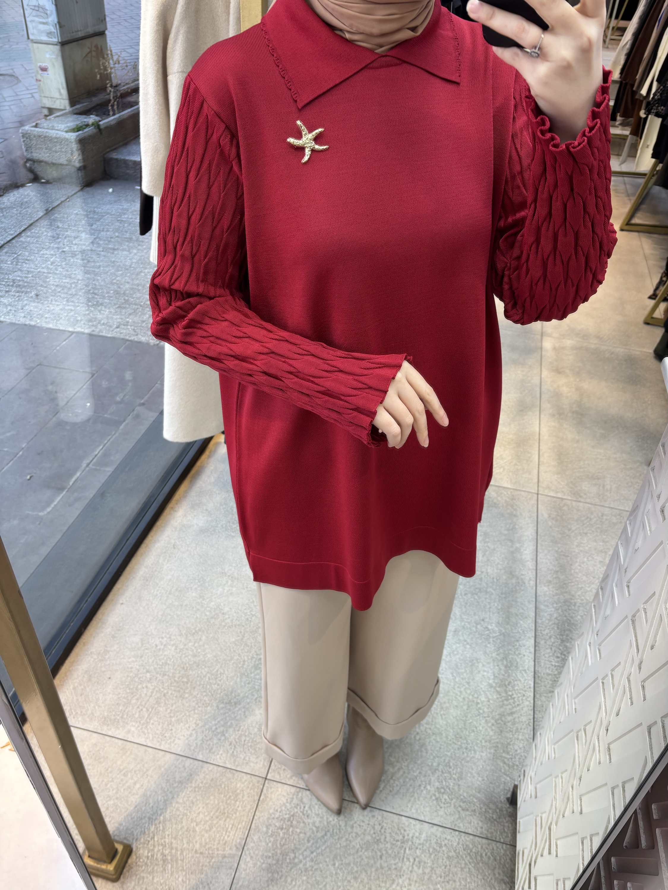 6619 Gömlek Yaka Broş Detaylı Merserize Tunik - Görsel 12