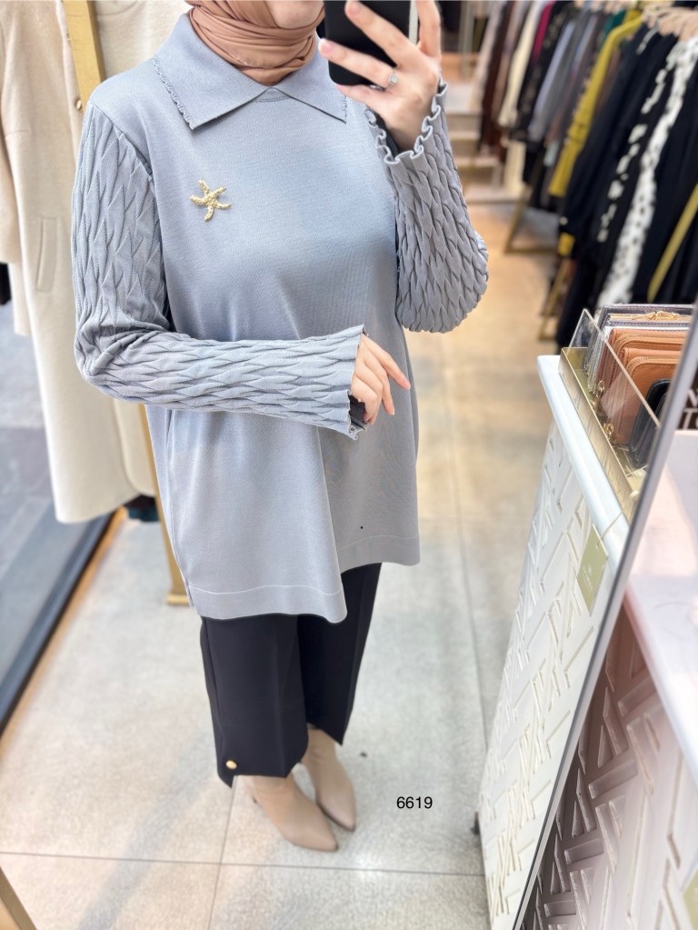 6619 Gömlek Yaka Broş Detaylı Merserize Tunik