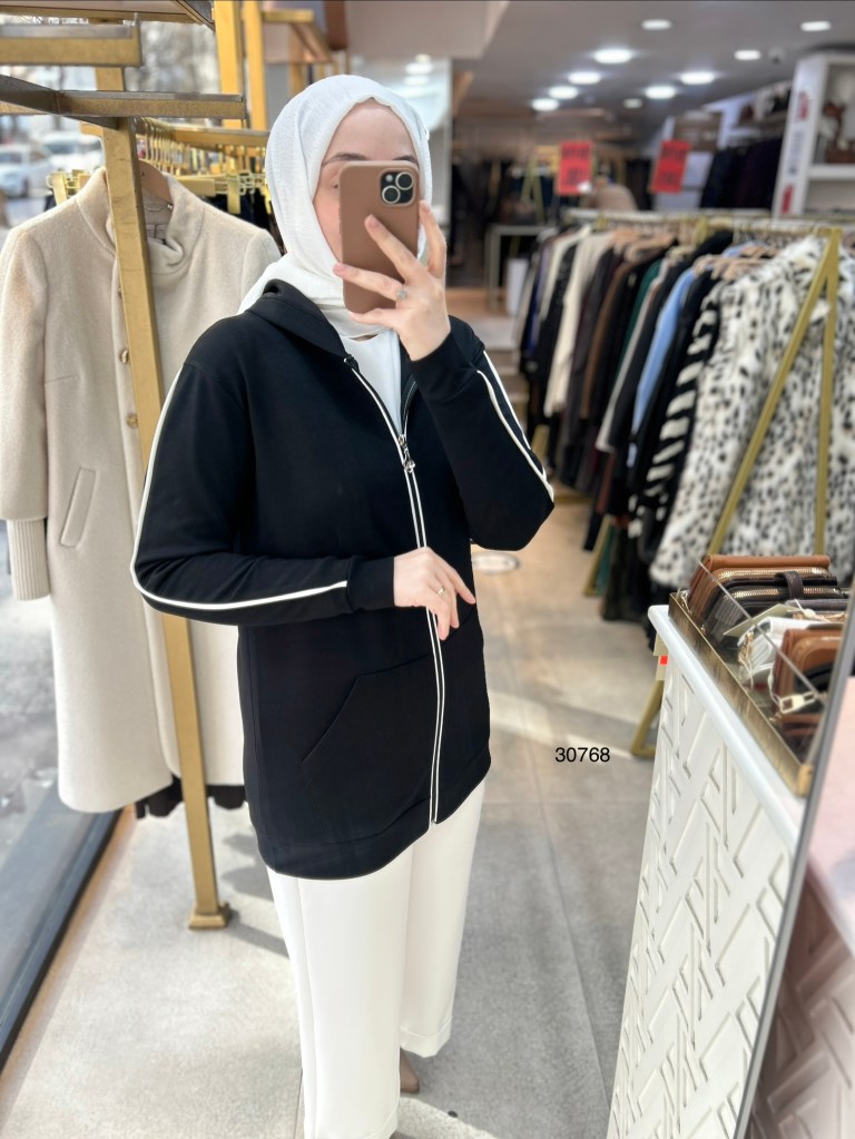 30768 Şerit Detaylı Fermuarlı Kapüşonlu Kap