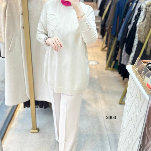 3303 Çiçek Detaylı Triko - Görsel 1