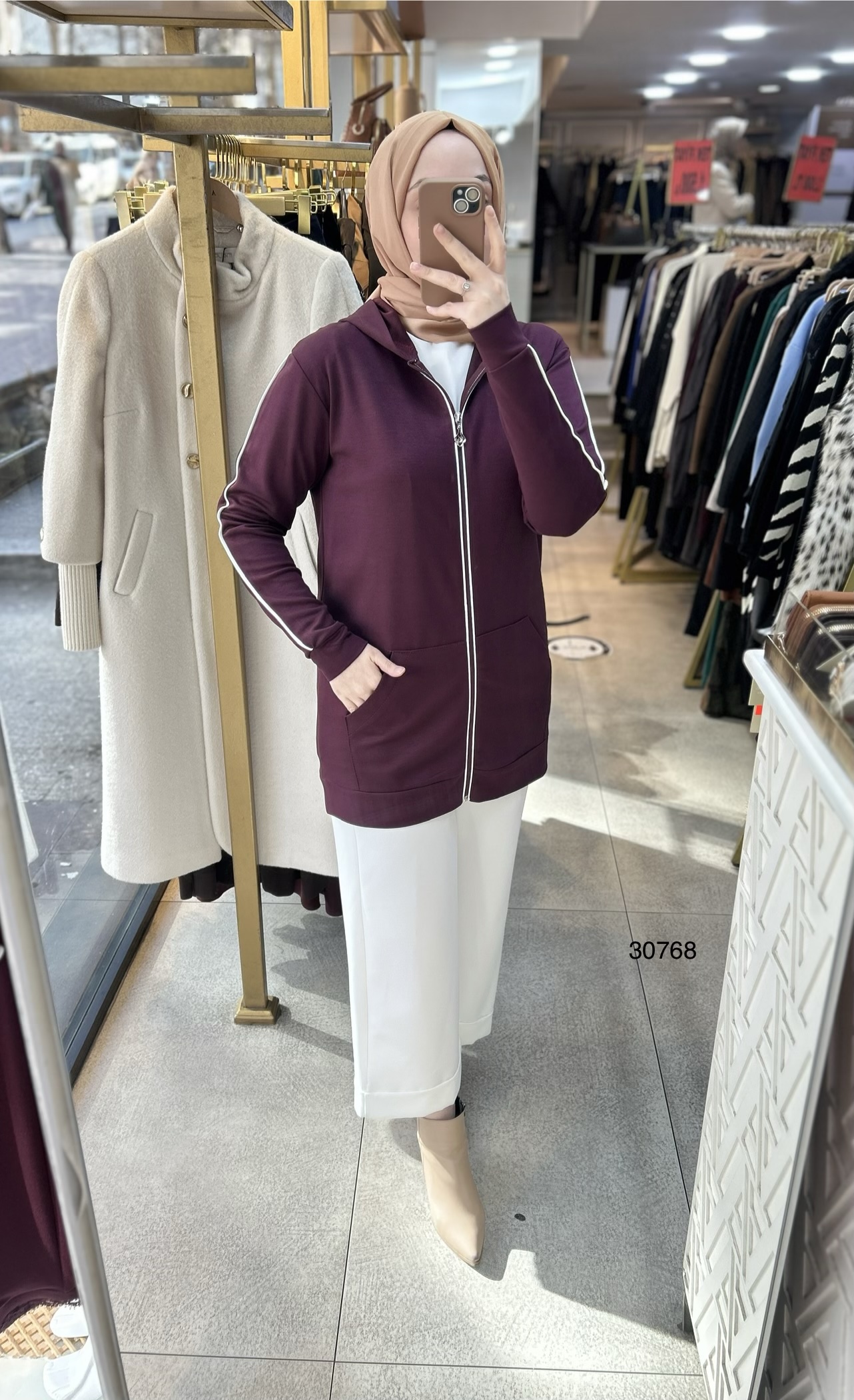30768 Şerit Detaylı Fermuarlı Kapüşonlu Kap - Görsel 13