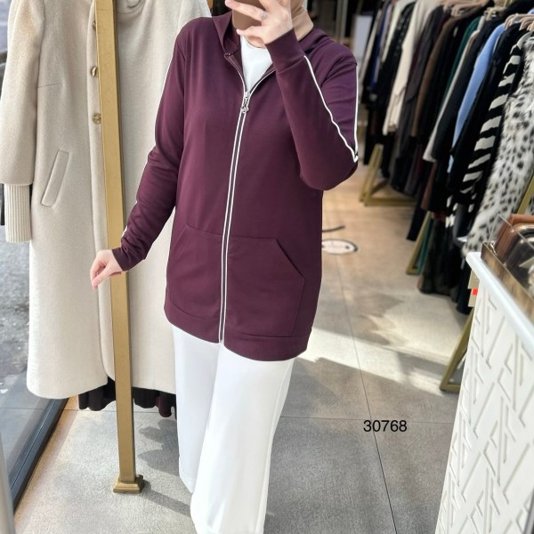 30768 Şerit Detaylı Fermuarlı Kapüşonlu Kap - Görsel 5