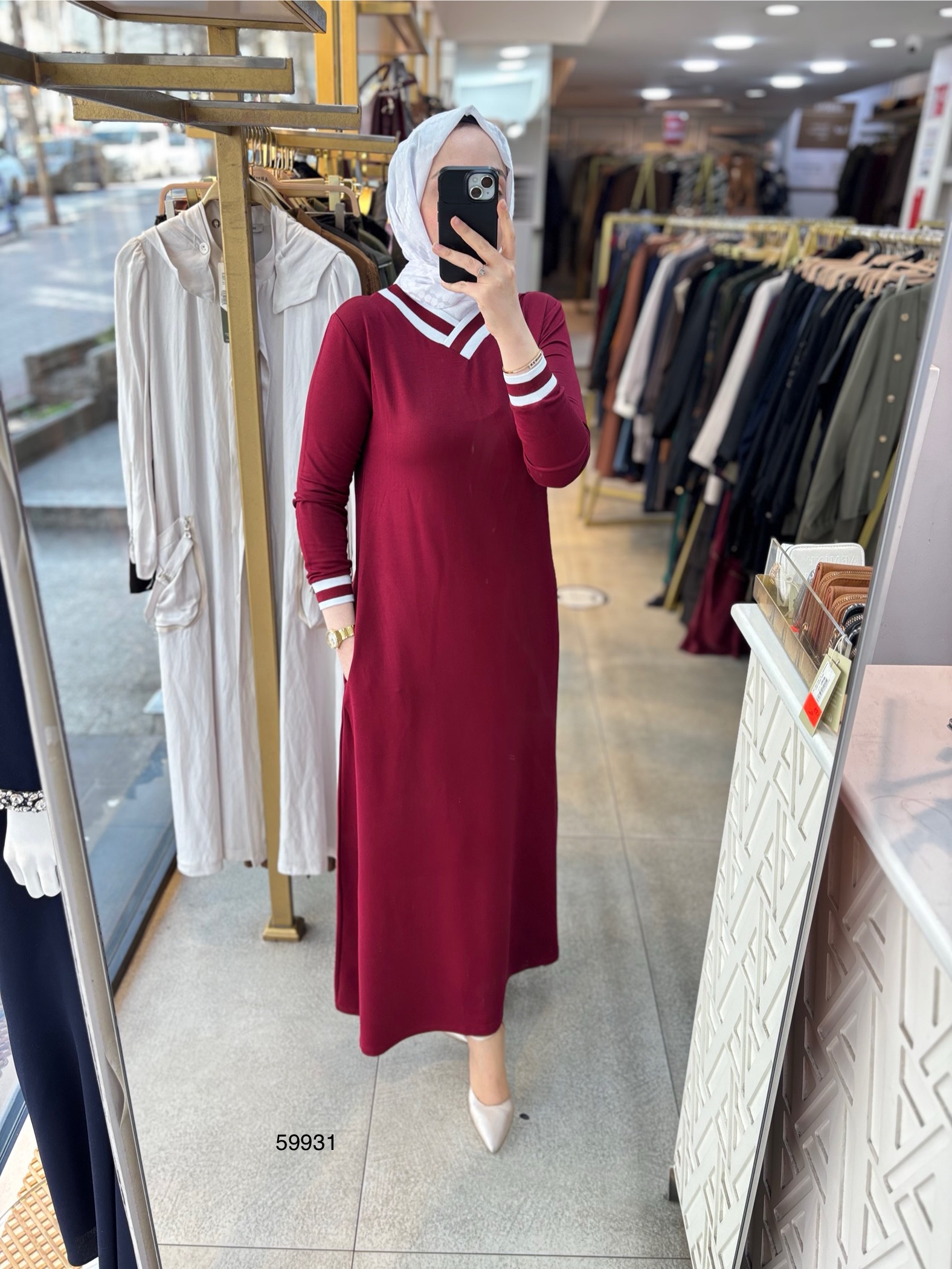 59931 V yaka Çizgili Elbise - Görsel 10