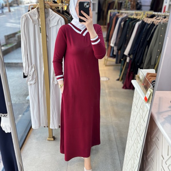 59931 V yaka Çizgili Elbise - Görsel 7
