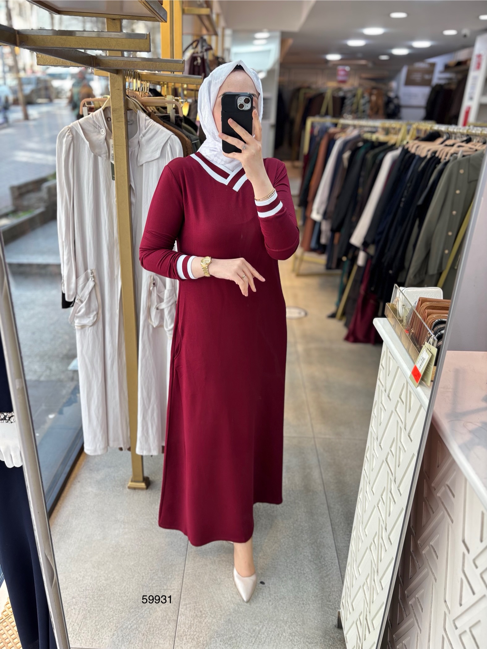 59931 V yaka Çizgili Elbise - Görsel 5