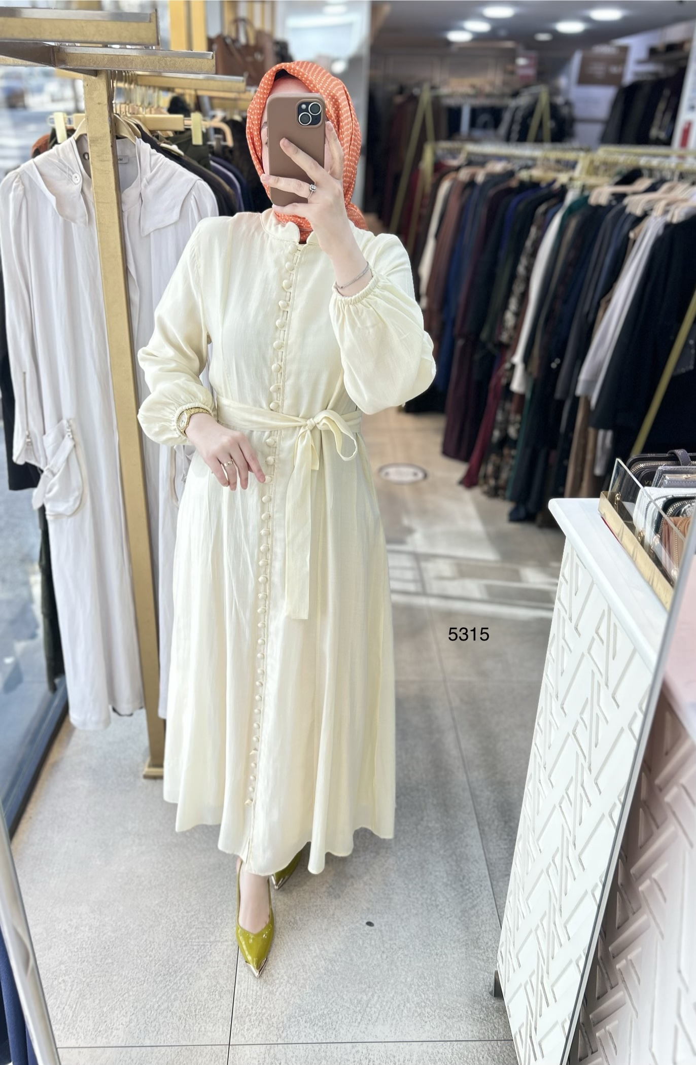 5315 Boydan Düğmeli Vual Kumaş Elbise - Görsel 9