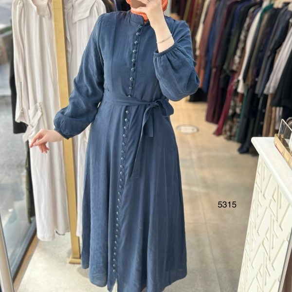 5315 Boydan Düğmeli Vual Kumaş Elbise - Görsel 6