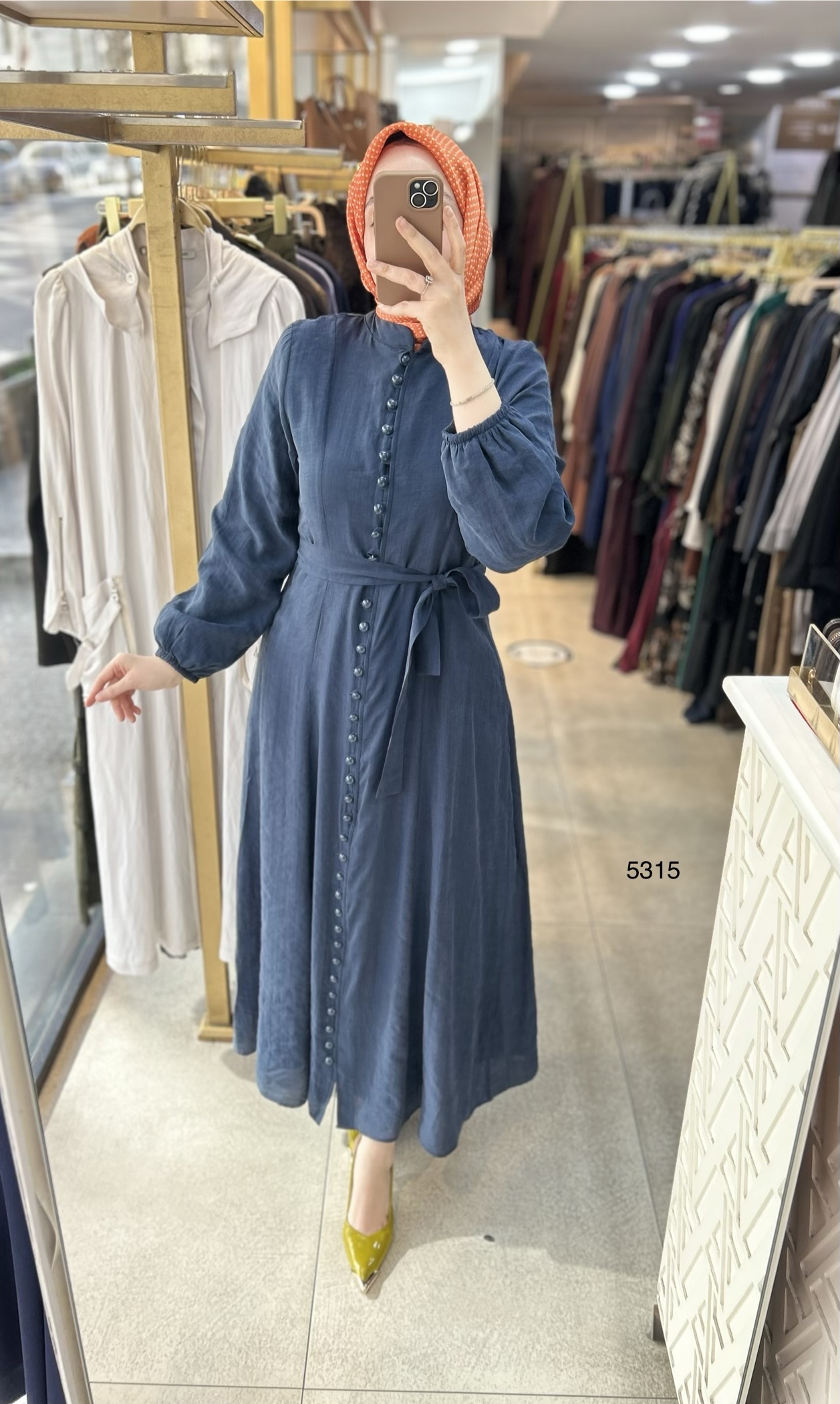 5315 Boydan Düğmeli Vual Kumaş Elbise - Görsel 6