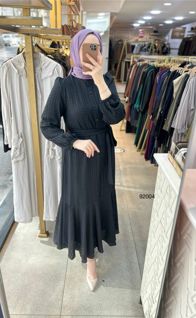 92004 Gofre Kumaş Kemerli Elbise