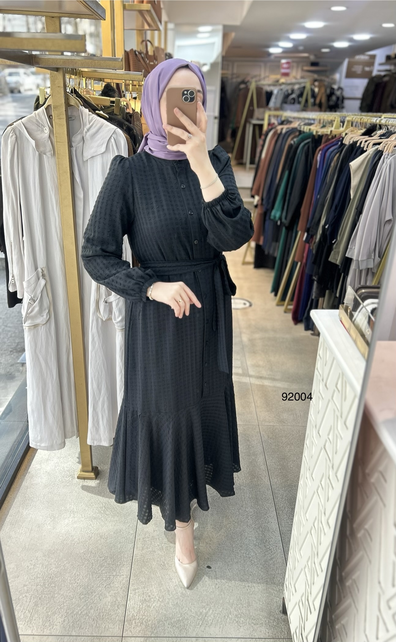 92004 Gofre Kumaş Kemerli Elbise - Görsel 18