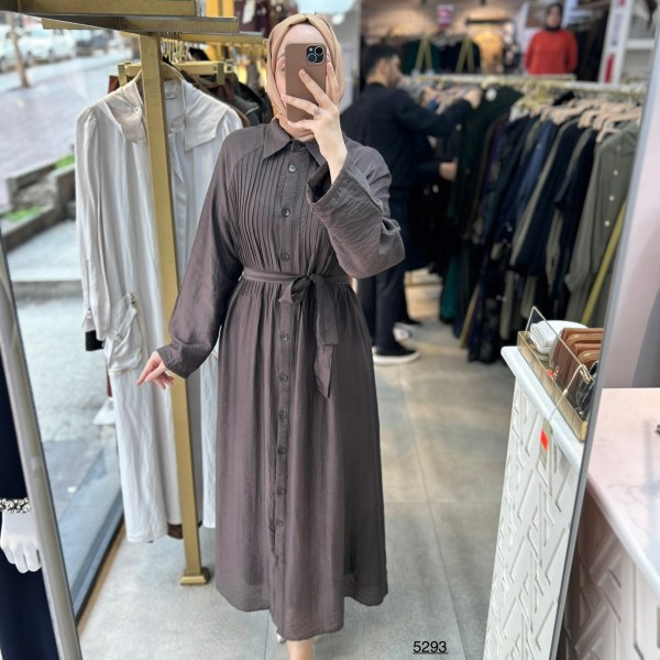 5293  Boydan Düğmeli  Kemerli  Elbise - Görsel 3