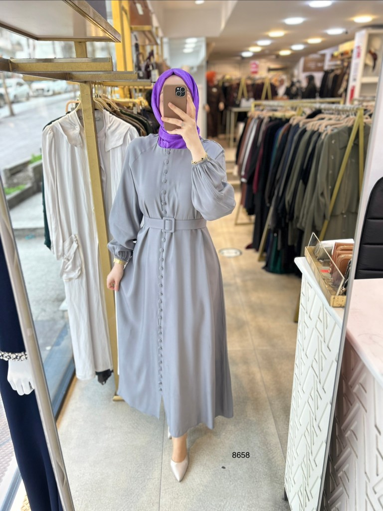 8658 Boydan Düğme Detaylı Kumaş Kemerli Elbise