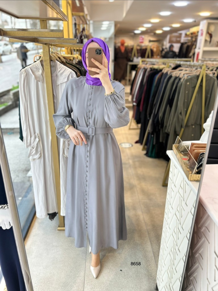 8658 Boydan Düğme Detaylı Kumaş Kemerli Elbise