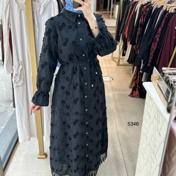 5346 Çiçek Detaylı Güpürlü Elbise - Görsel 9