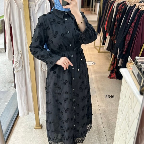 5346 Çiçek Detaylı Güpürlü Elbise - Görsel 19