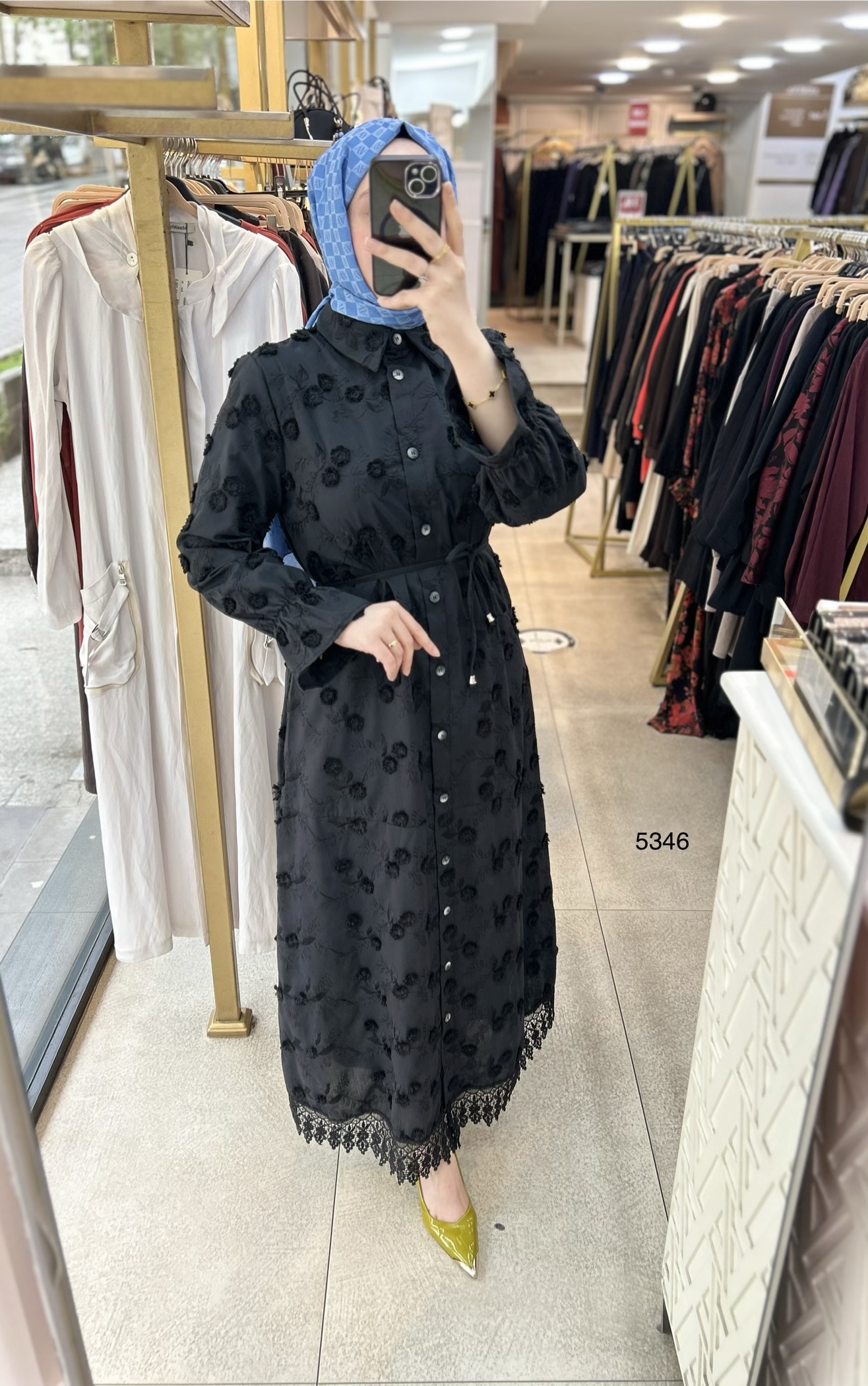 5346 Çiçek Detaylı Güpürlü Elbise