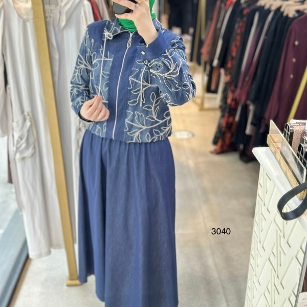 3040 Çiçek Desenli Tencel Kot Kumaş Takım - Görsel 2