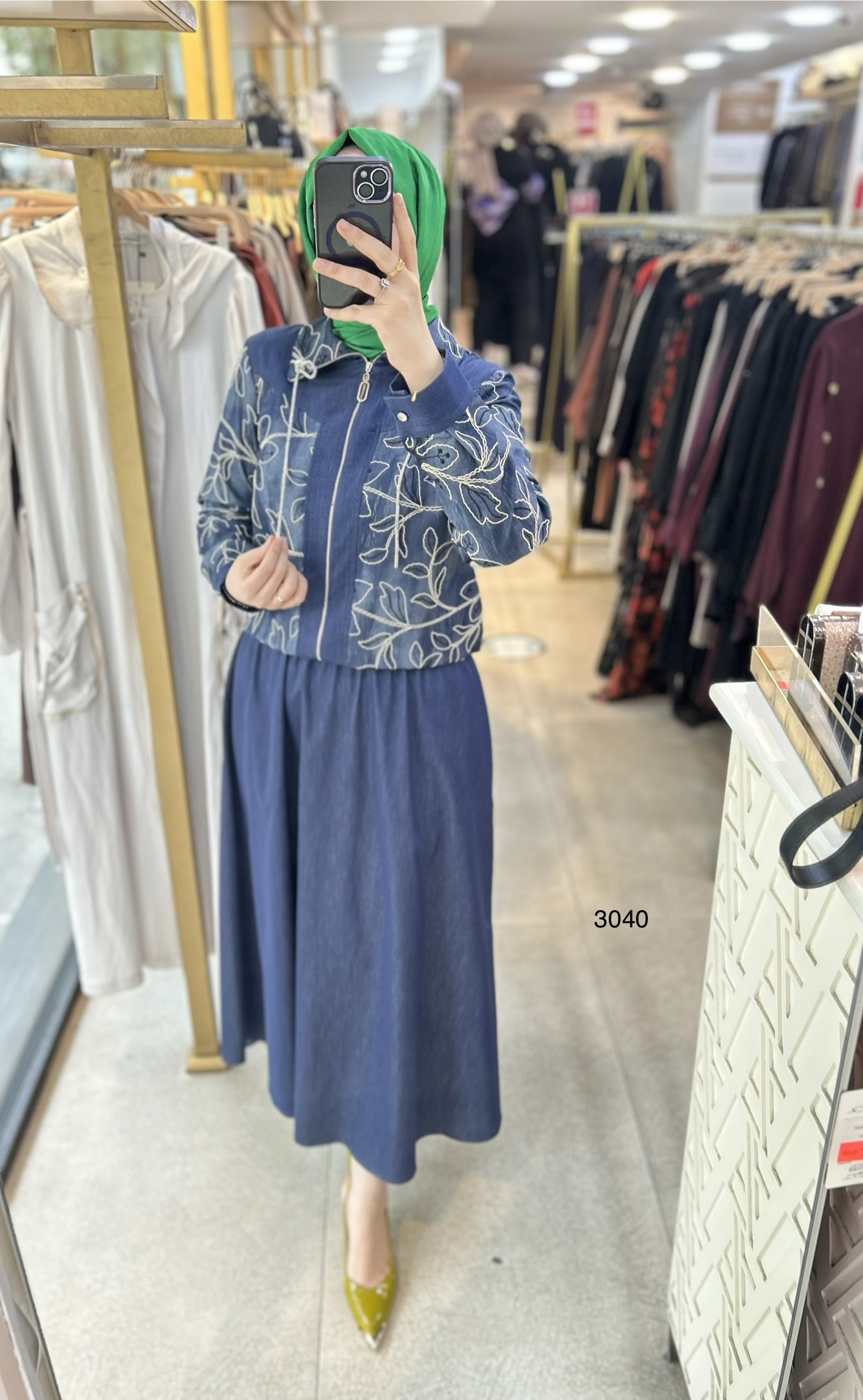 3040 Çiçek Desenli Tencel Kot Kumaş Takım - Görsel 2