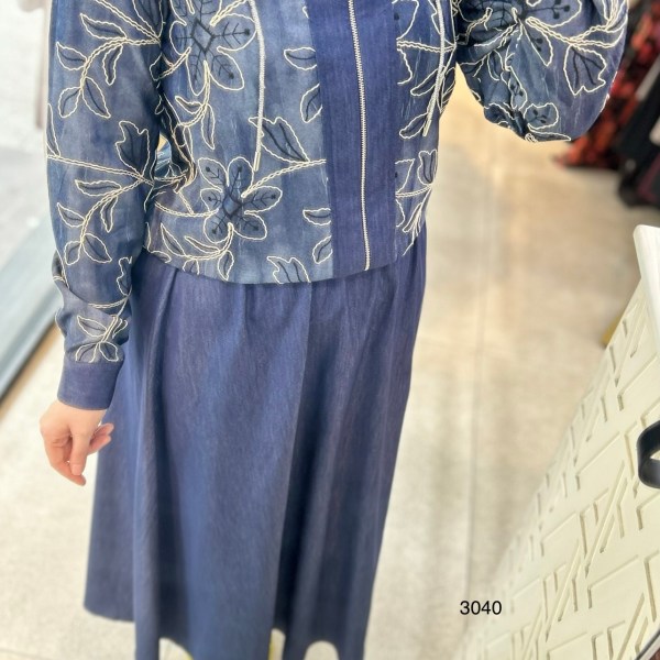3040 Çiçek Desenli Tencel Kot Kumaş Takım - Görsel 5
