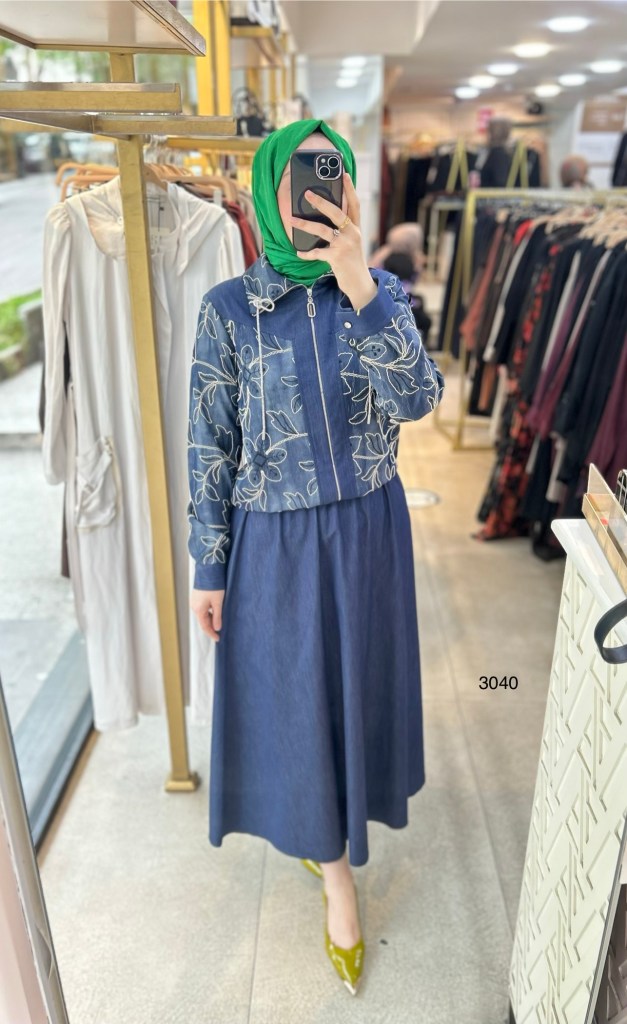 3040 Çiçek Desenli Tencel Kot Kumaş Takım