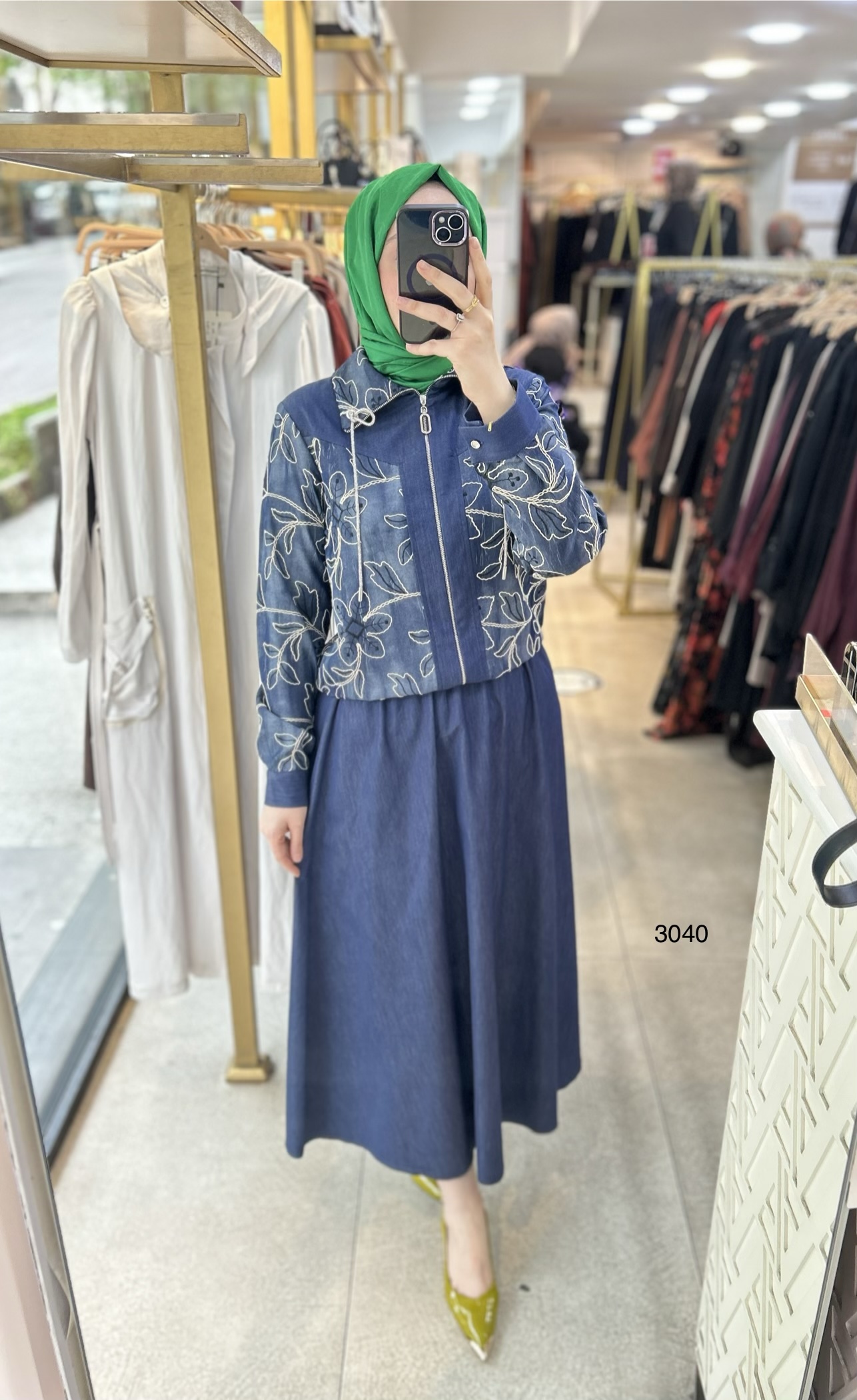 3040 Çiçek Desenli Tencel Kot Kumaş Takım - Görsel 4