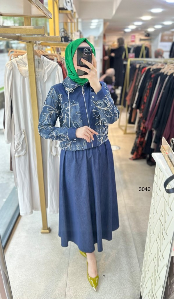 3040 Çiçek Desenli Tencel Kot Kumaş Takım